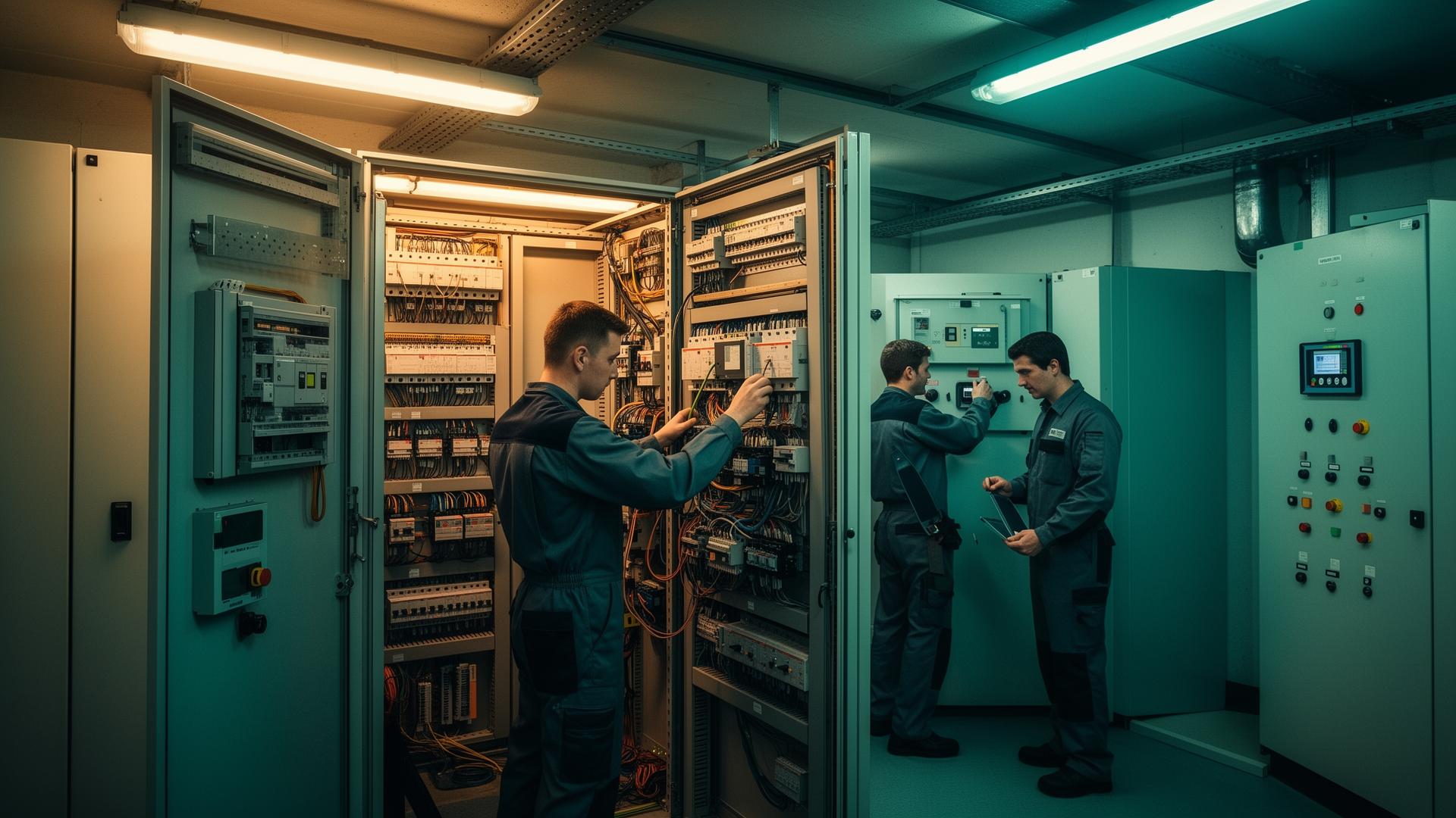 Team von Geissler Elektrotechnik arbeitet an einer Schaltanlage