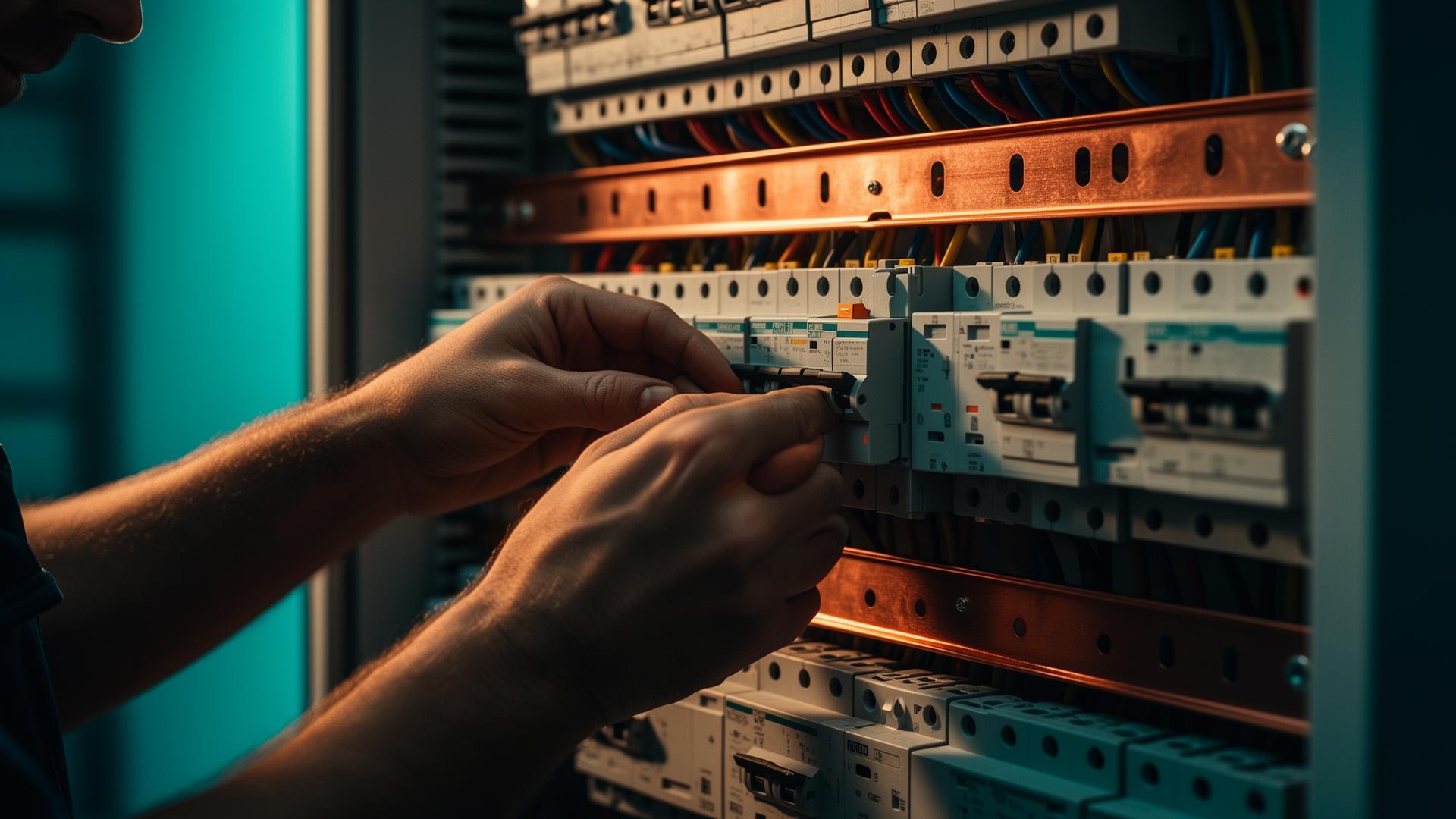Elektriker arbeitet an einer modernen Verteilung