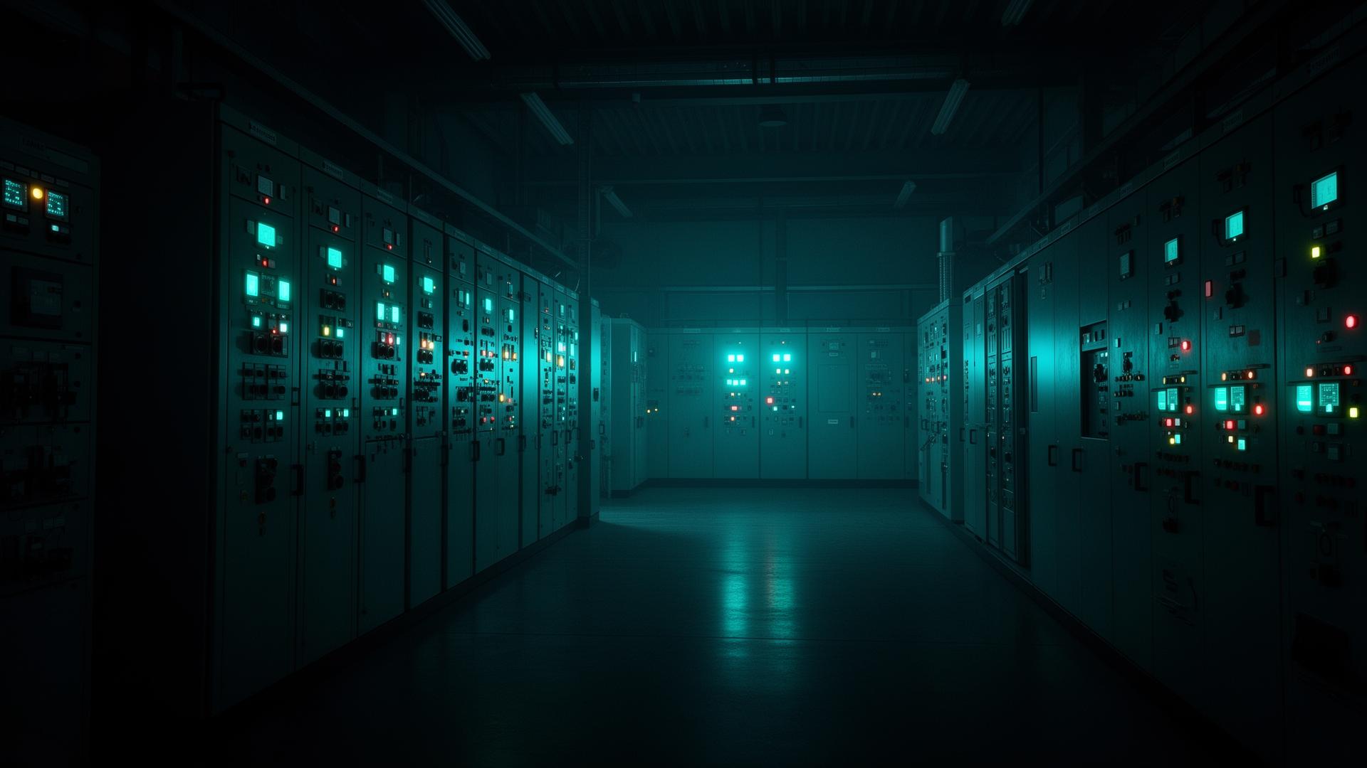 Industrielle Schaltanlage mit beleuchteten Bedienfeldern